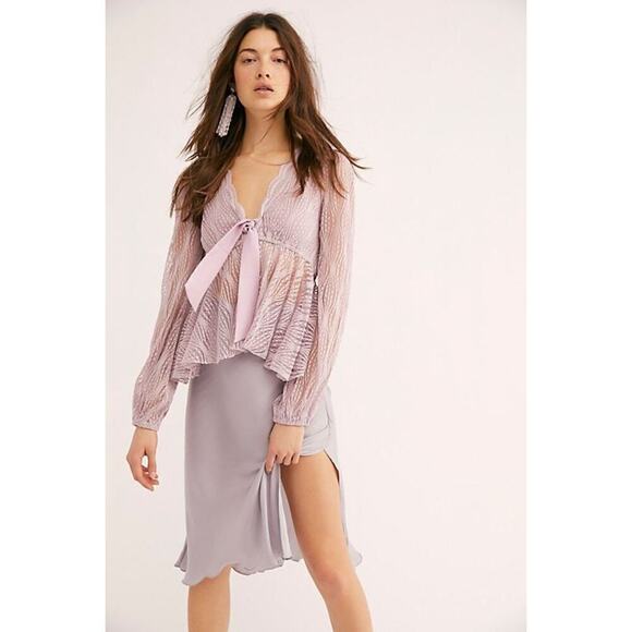 Free People Luisa Sheer Lace V-Neck Long Sleeve Babydoll Top Lavender Purple S - Picture 5 of 14